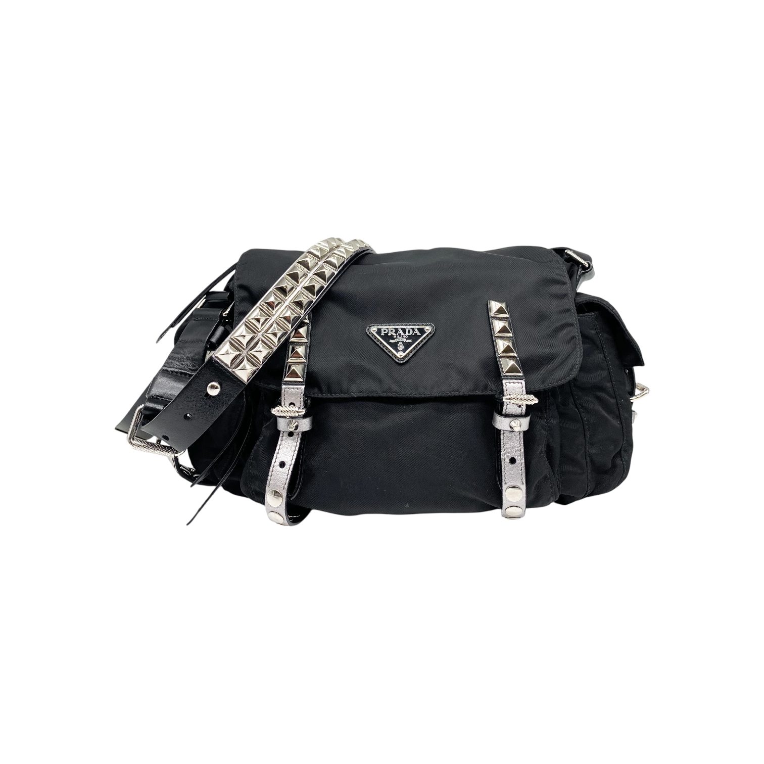Prada Black New Vela Elektra Studded Messenger Bag | Consign Prada Black New Vela Elektra Studded Messenger Bag | Consign
