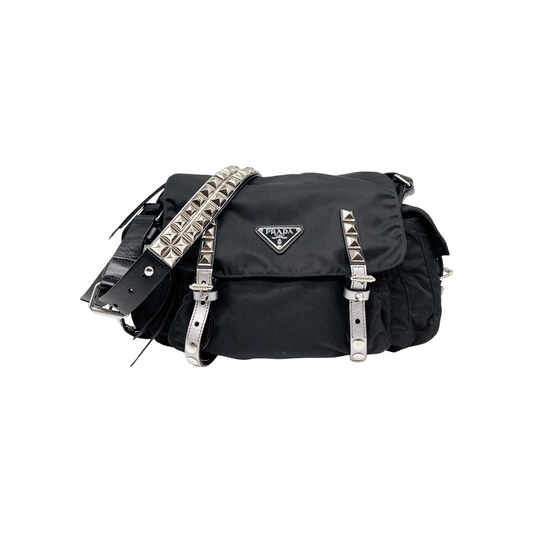 Prada Black New Vela Elektra Studded Messenger Bag