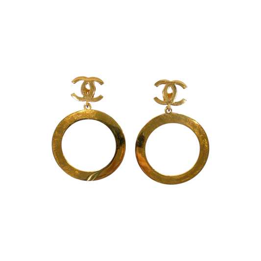 Chanel Gold CC Circle Vintage Drop Clip On Earrings