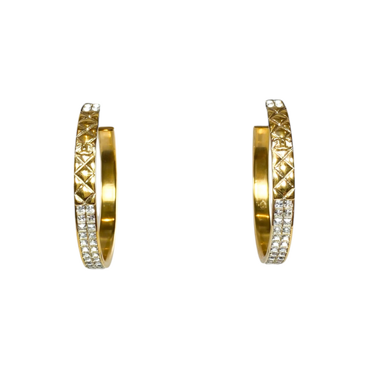 Chanel Gold Crystal Quilted Pearl Stud Hoop Earrings
