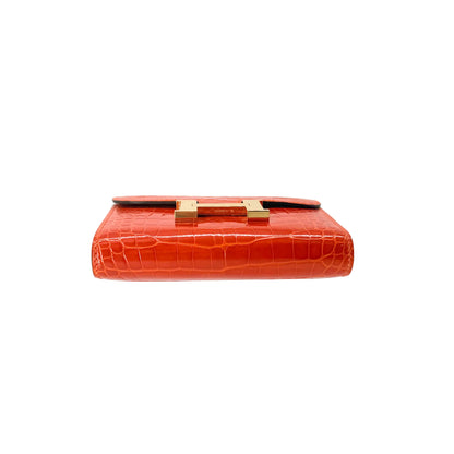 Hermes Constance Orange Poppy Alligator Compact Wallet