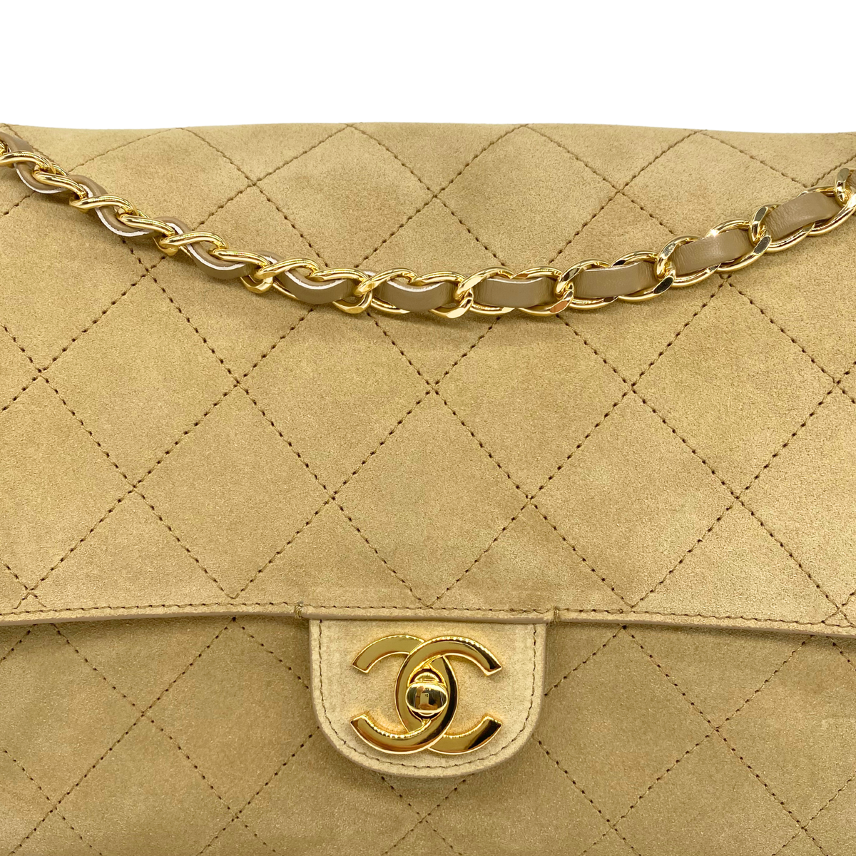 Chanel Khaki Souplissimo 32 Suede Gold Hardware