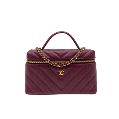 Chanel Chevron Quilted Top Handle Slim Vanity Case with Chain Burgundy