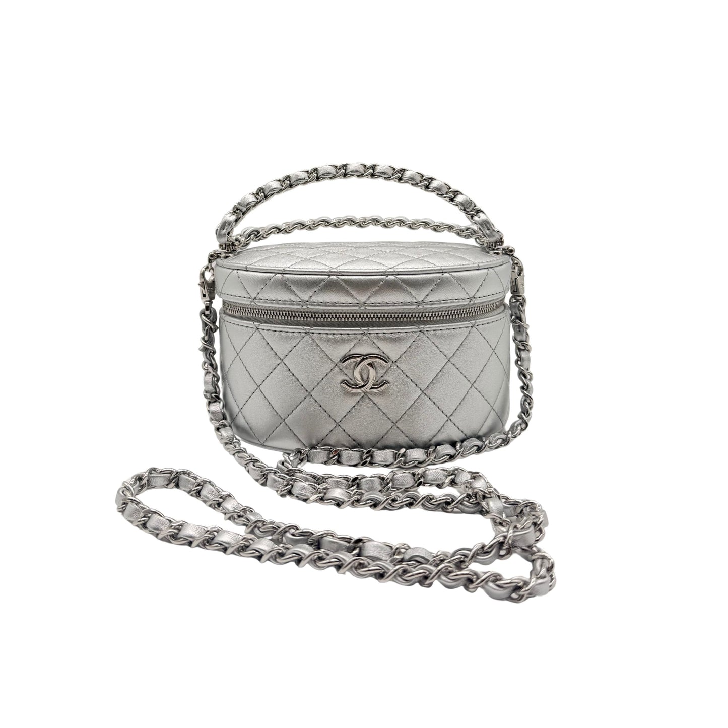 Chanel Round Vanity in Silver with Chain