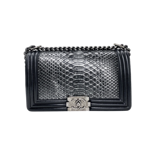 Chanel Black Silver Python Old Medium Boy Bag