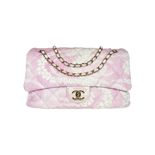 Chanel Pink White Coco Beach Printed Denim Maxi Flap Bag