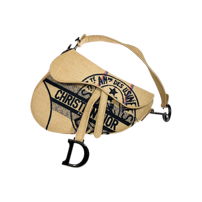 Dior Beige Union Embroidered Jute Saddle Bag