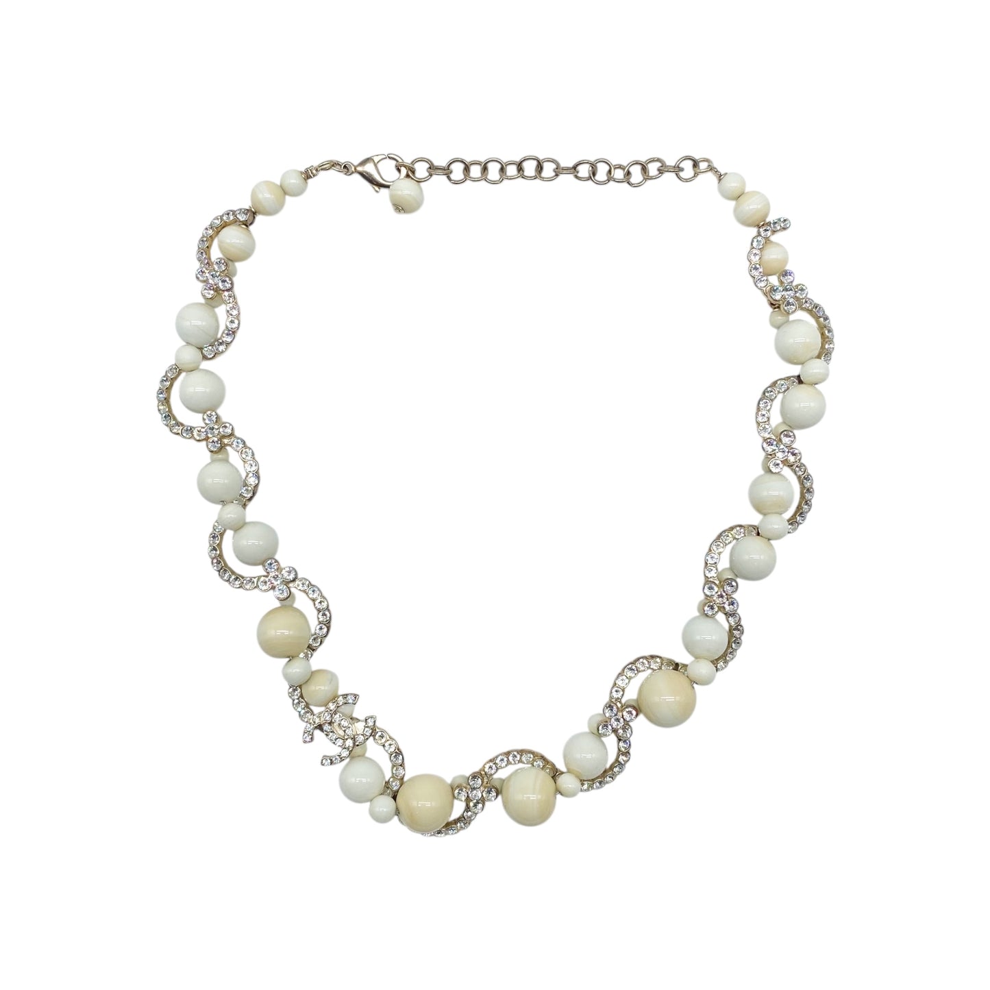 Chanel White Ivory Gold Crystal Interwoven Necklace