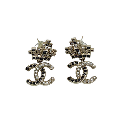 Chanel Pearl Black Crystal CC Drop Earrings