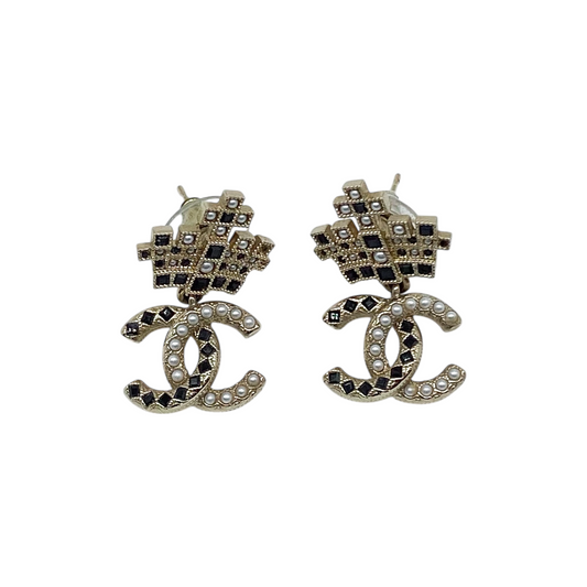 Chanel Pearl Black Crystal CC Drop Earrings