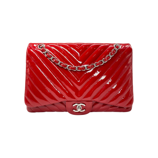 Chanel Red Chevron Jumbo Single Flap Bag