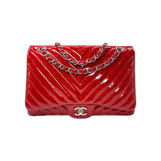 Chanel Red Chevron Jumbo Single Flap Bag