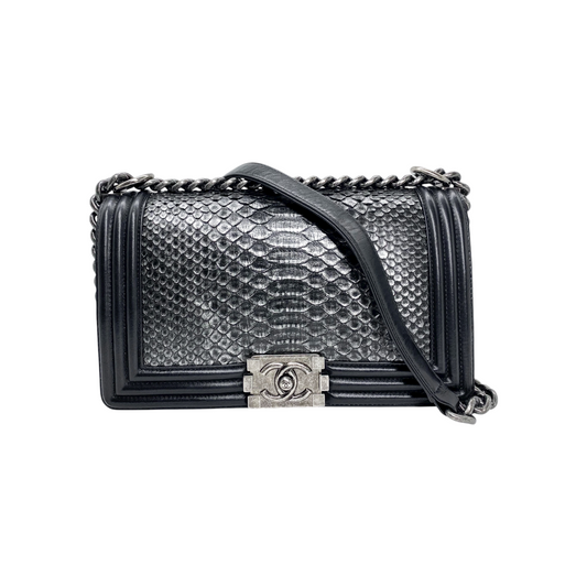 Chanel Black Silver Python Old Medium Boy Bag