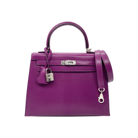 Hermes Kelly 25 Anemone Chevre Leather Palladium Hardware