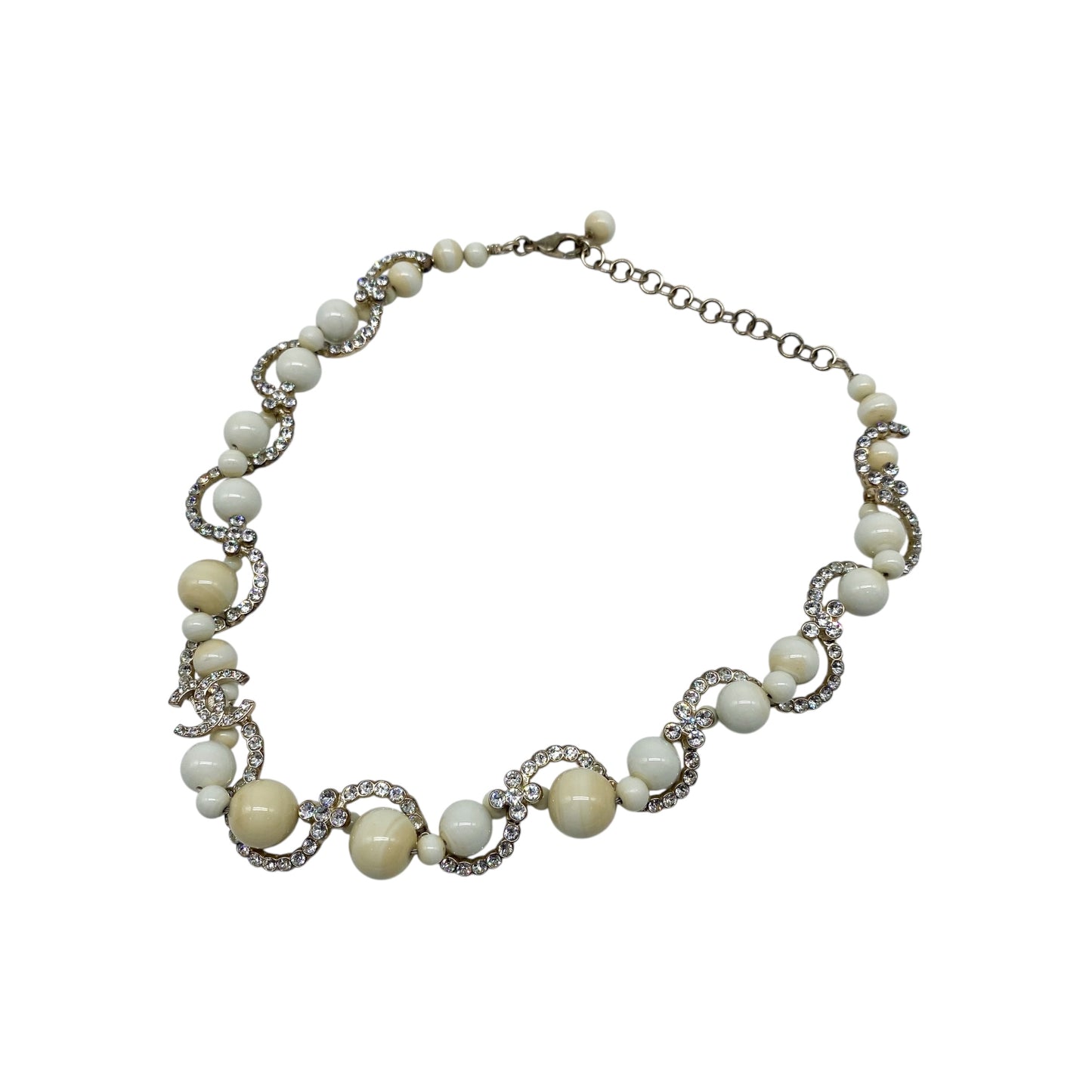 Chanel White Ivory Gold Crystal Interwoven Necklace