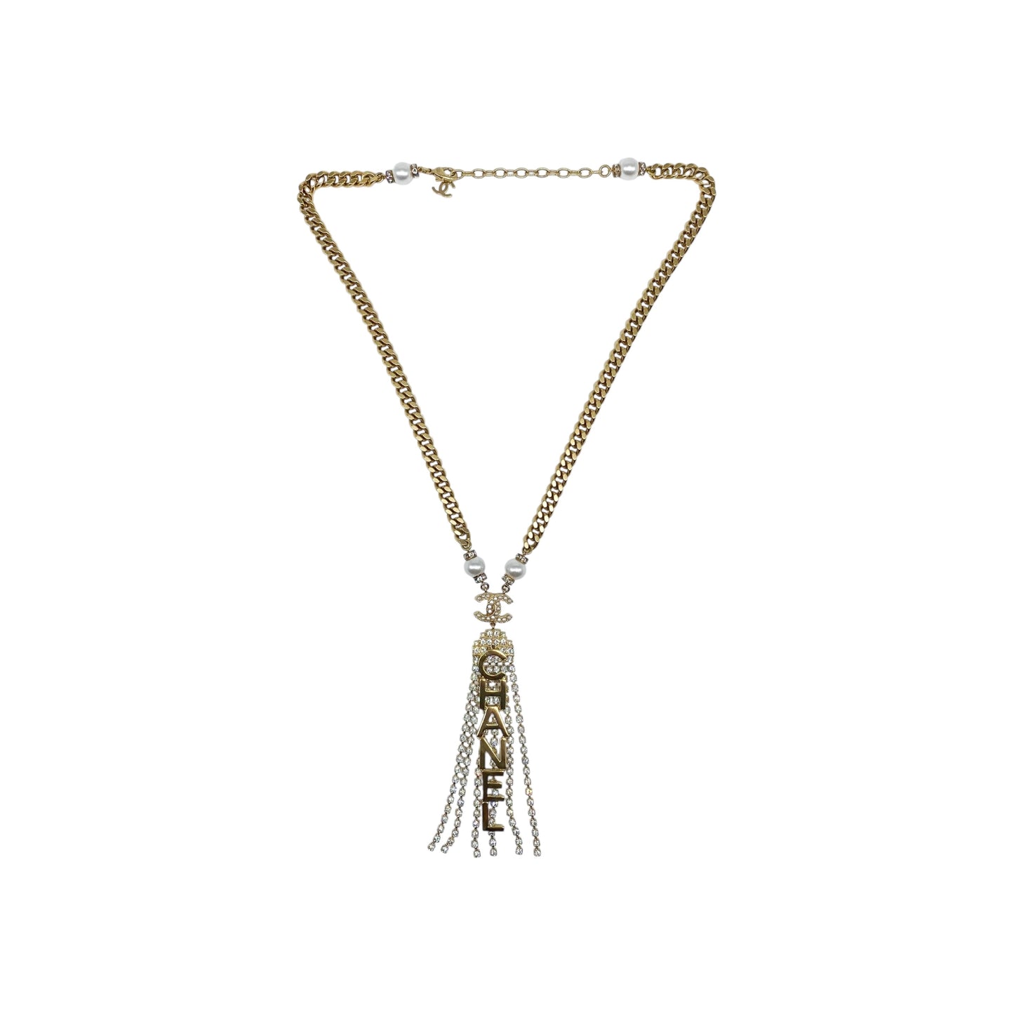 Chanel Gold Letter Crystal Lariat Necklace