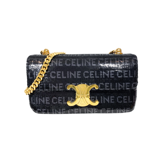 Celine Black Sequin Triomphe Chain Shoulder Bag