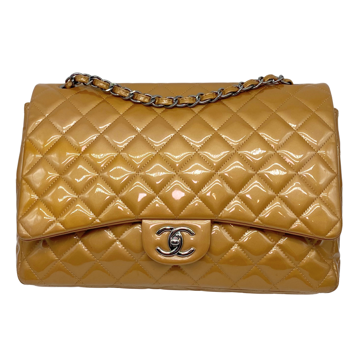 Chanel Caramel Patent Maxi Quilted Double Flap Bag