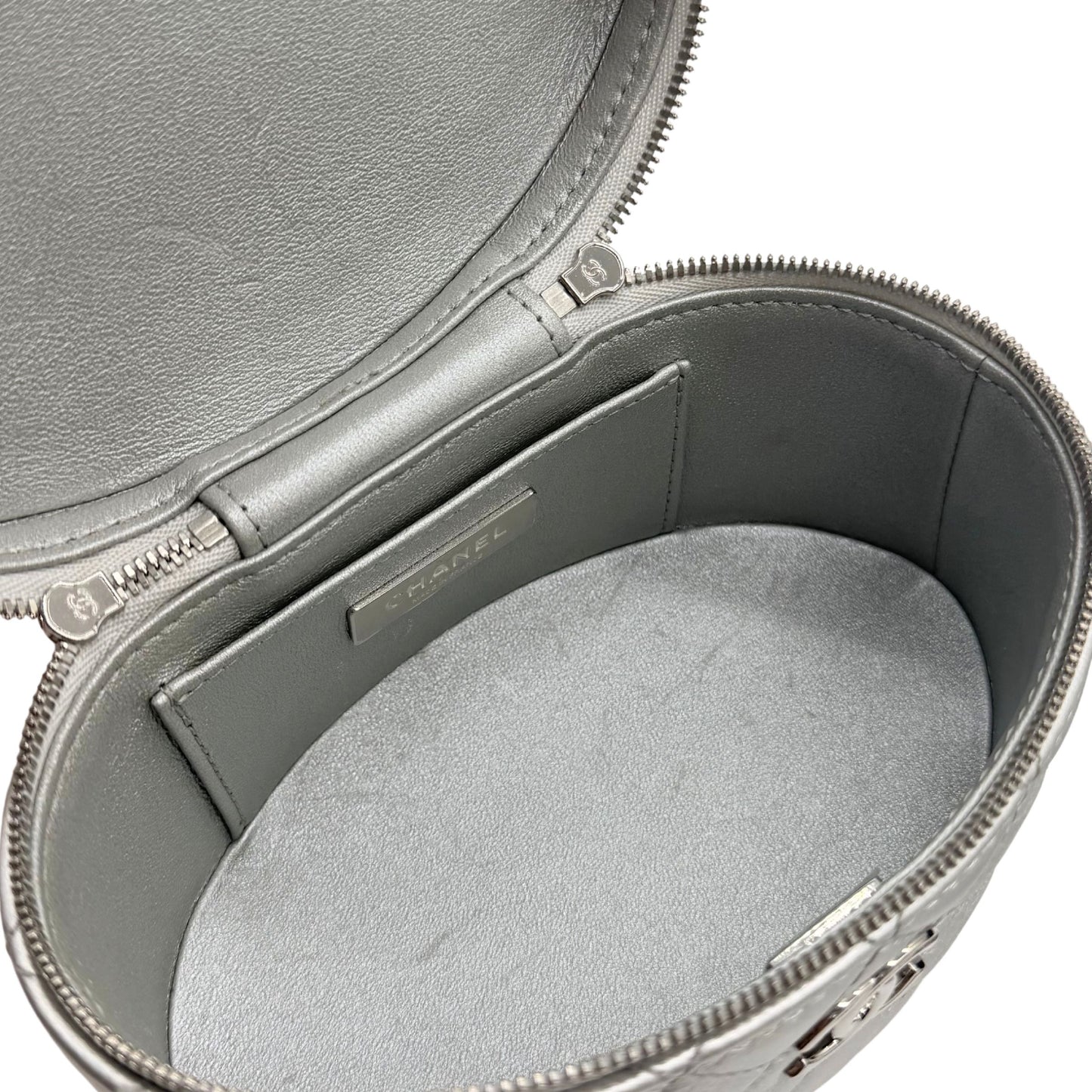 Chanel Round Vanity in Silver with Chain