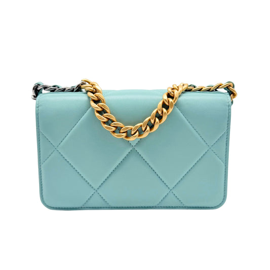 Chanel 19 Turquoise Quilted Lamb Wallet on Chain