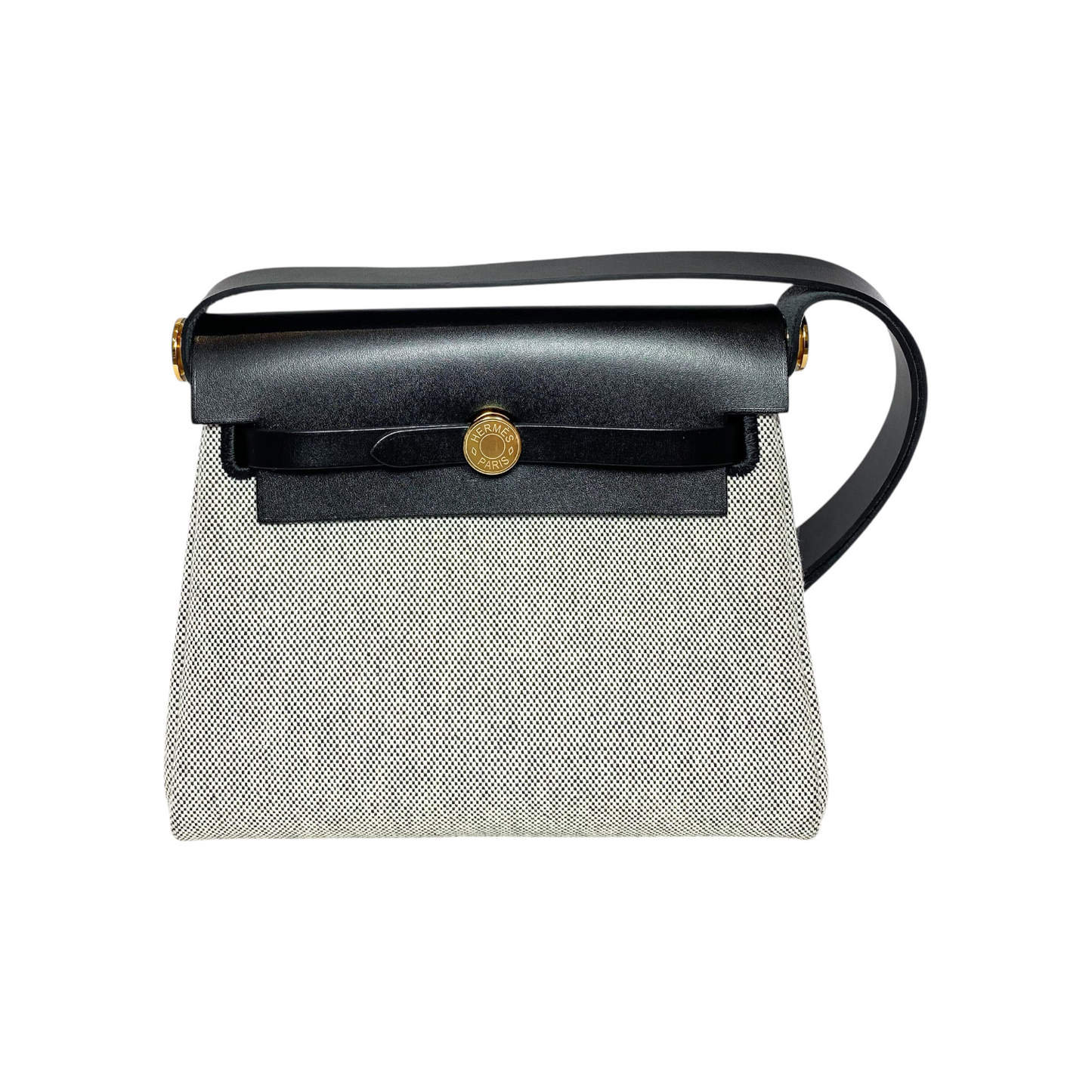 Hermes Mini Herbag Zip 20 Black Vache Hunter Ecru Toile Gold Hardware - Online Only