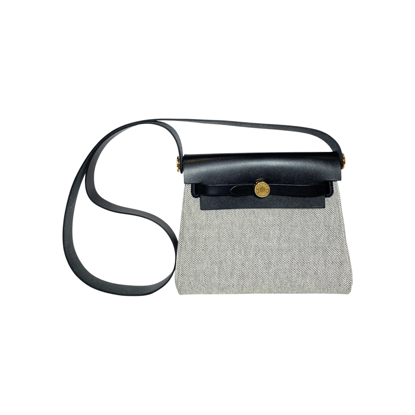 Hermes Mini Herbag Zip 20 Black Vache Hunter Ecru Toile Gold Hardware - Online Only