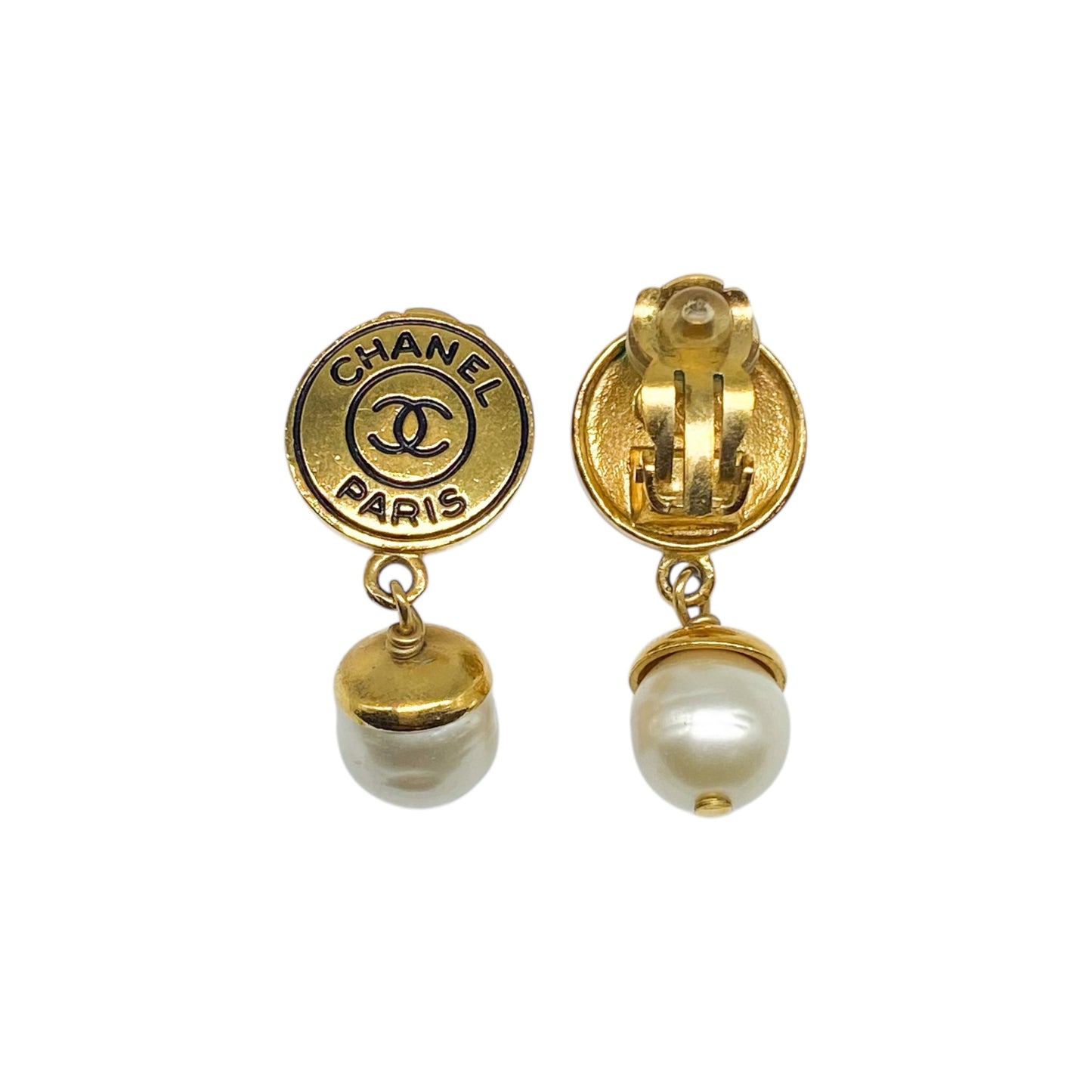 Chanel Vintage Gold Button Pearl Clip-On Earrings