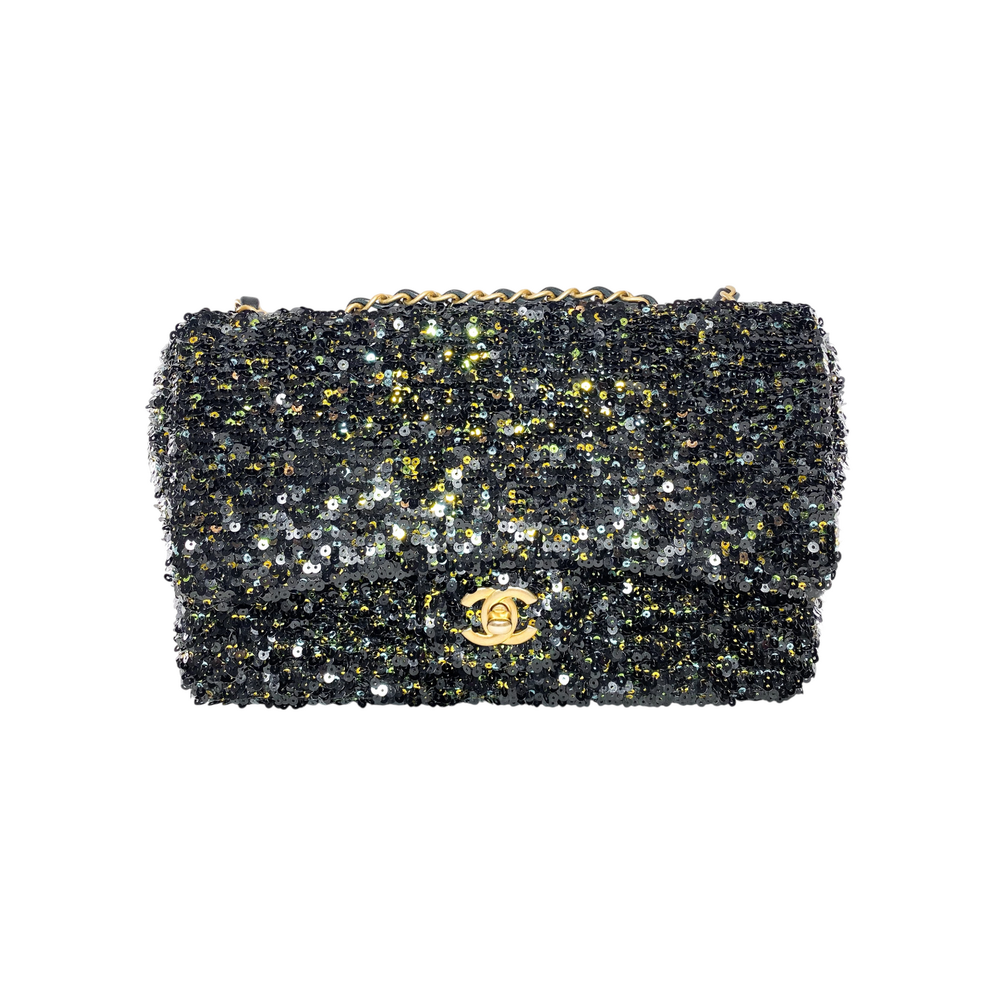 Chanel Black Gold Green Sequin Medium Flap Bag