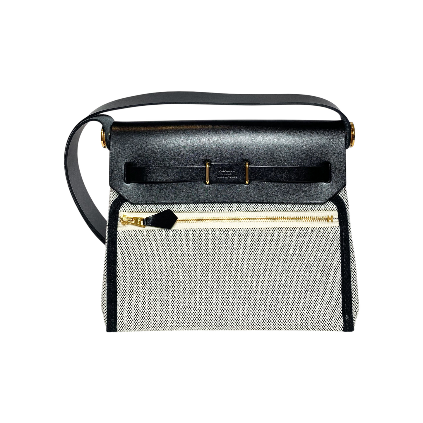 Hermes Mini Herbag Zip 20 Black Vache Hunter Ecru Toile Gold Hardware - Online Only