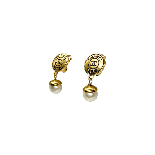 Chanel Vintage Gold Button Pearl Clip-On Earrings