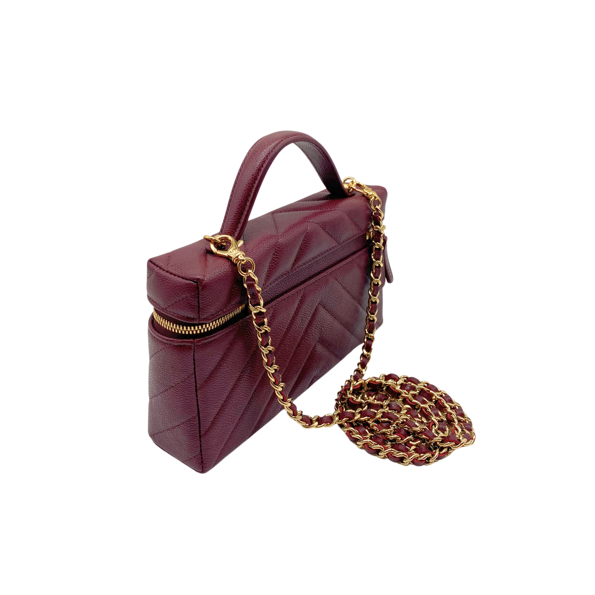 Chanel Chevron Quilted Top Handle Slim Vanity Case with Chain Burgundy