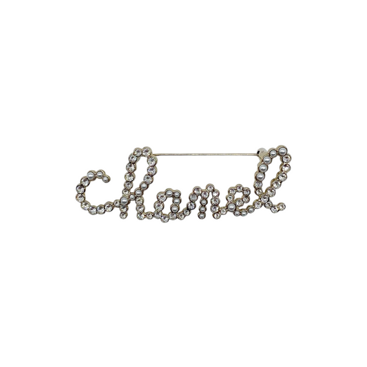 Chanel Crystal Pearl Cursive Logo Brooch