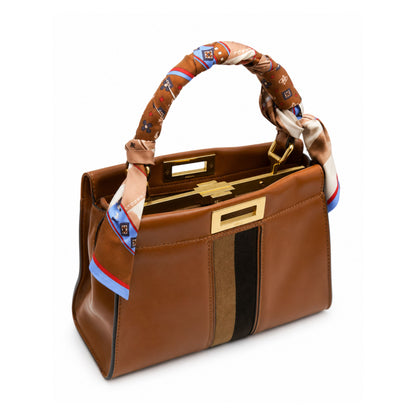 Fendi Peekaboo Medium Camel with Canvas Handbag with Twilly