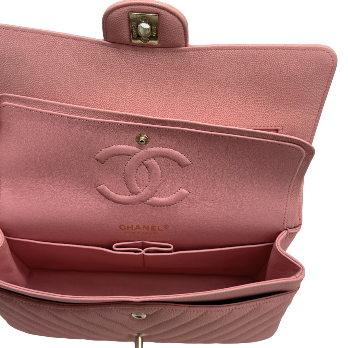 Chanel Chevron Quilted Caviar Medium Double Flap Bag Light Sakura Pink