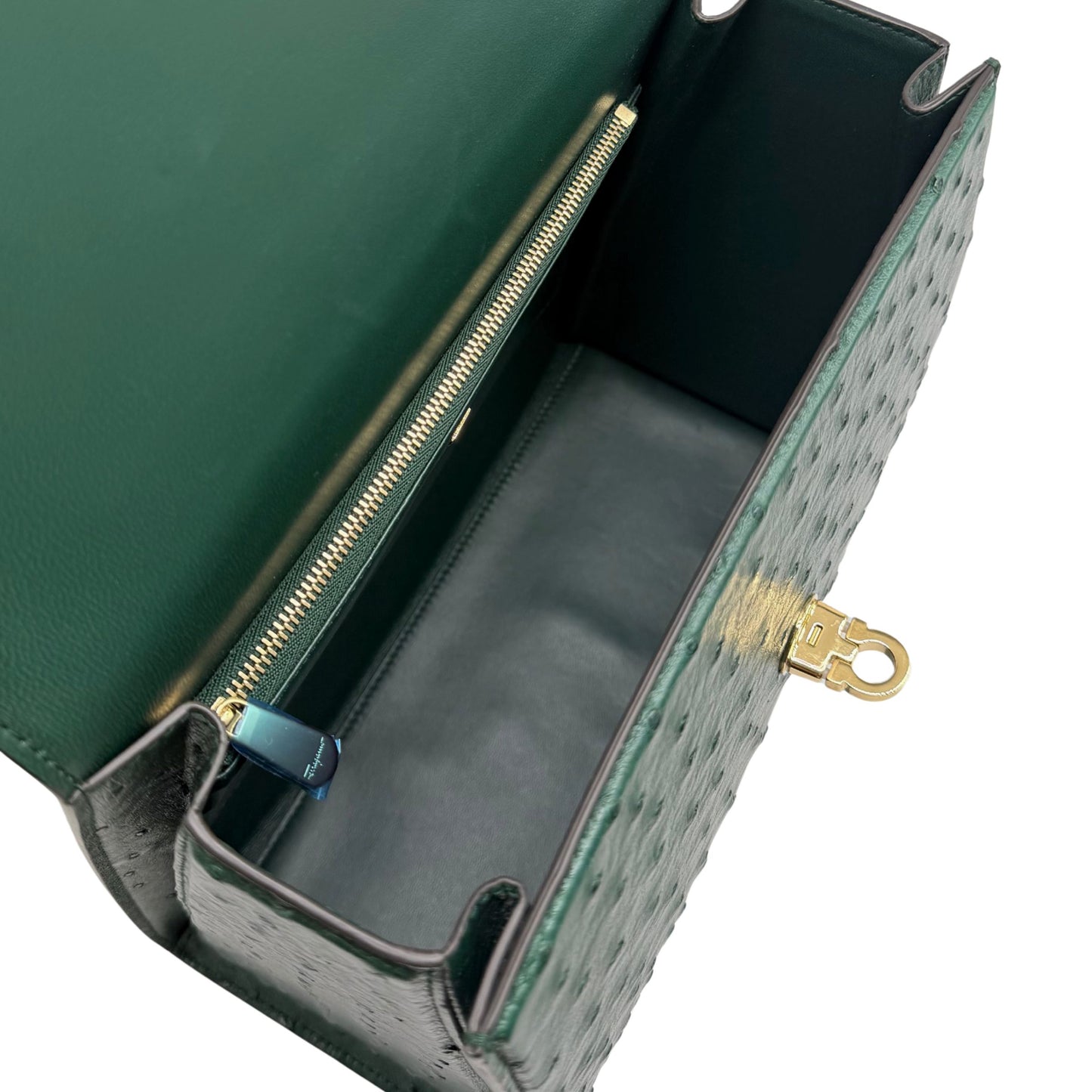 Ferregamo Green Ostrich Top Handle Bag