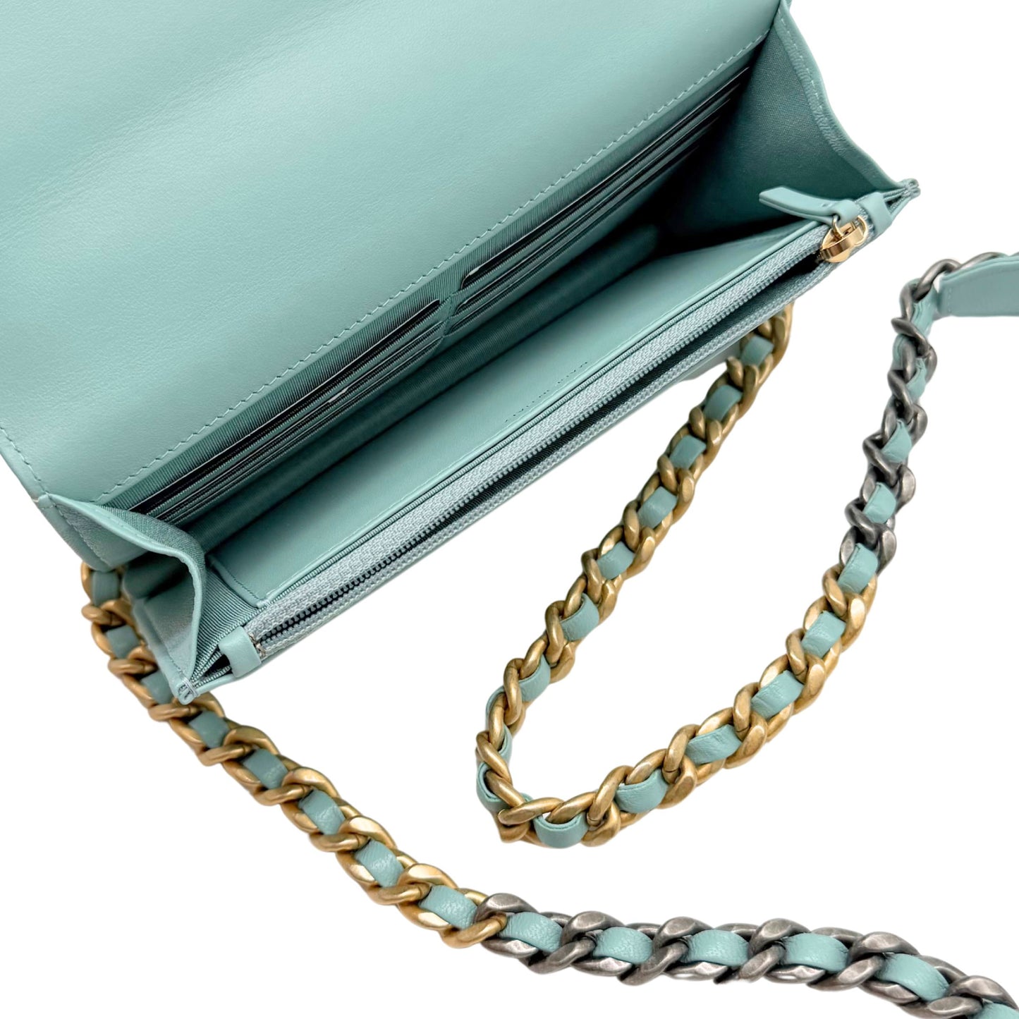 Chanel 19 Turquoise Quilted Lamb Wallet on Chain