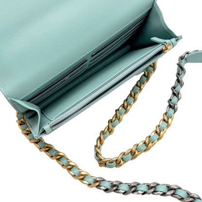 Chanel 19 Turquoise Quilted Lamb Wallet on Chain