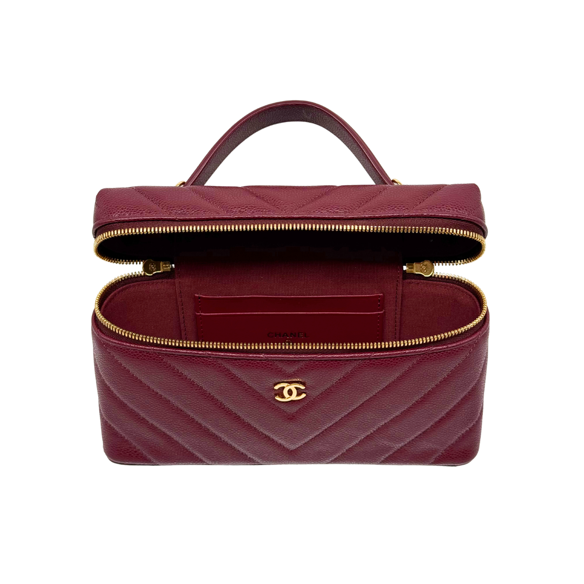 Chanel Chevron Quilted Top Handle Slim Vanity Case with Chain Burgundy