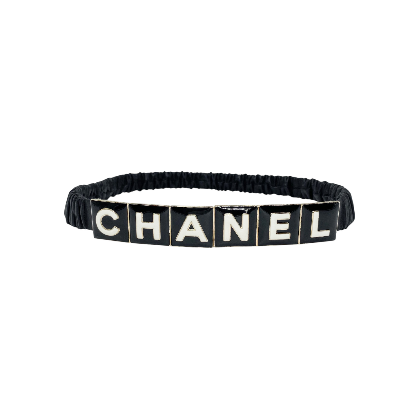 Chanel Black Logo Enamel Stretch Leather Belt