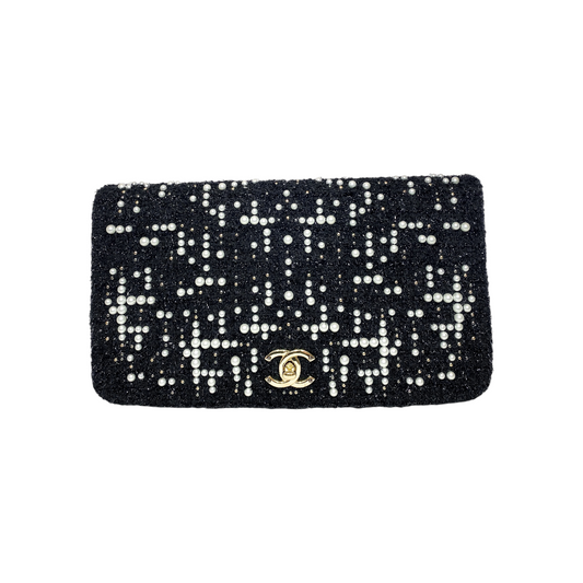 Chanel Black Paris Cosmopolite Pearl Fantasy Tweed Flap Clutch