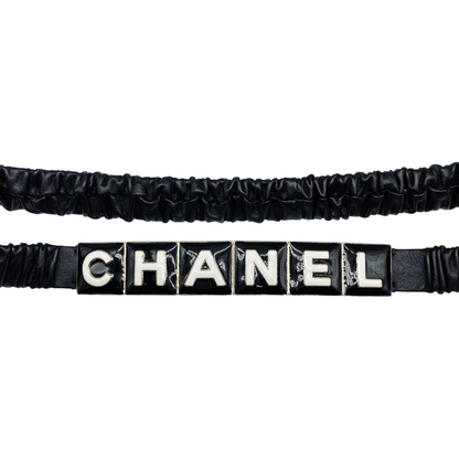 Chanel Black Logo Enamel Stretch Leather Belt