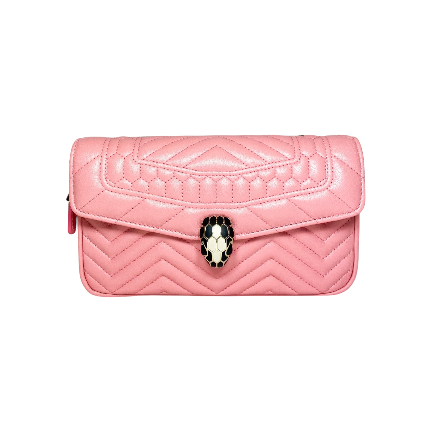ブルガリ　BVLGARI ピンク サテンクラッチバッグ チェーンストラップ Bvlgari Pink Serpenti Forever Chevron Belt Bag – Consign of the