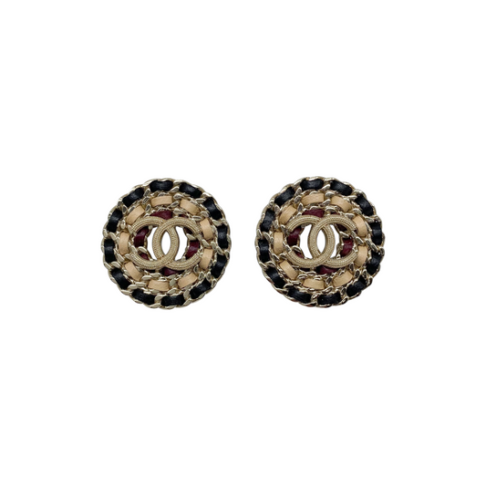Chanel Black Burgundy Gold Woven CC Earrings