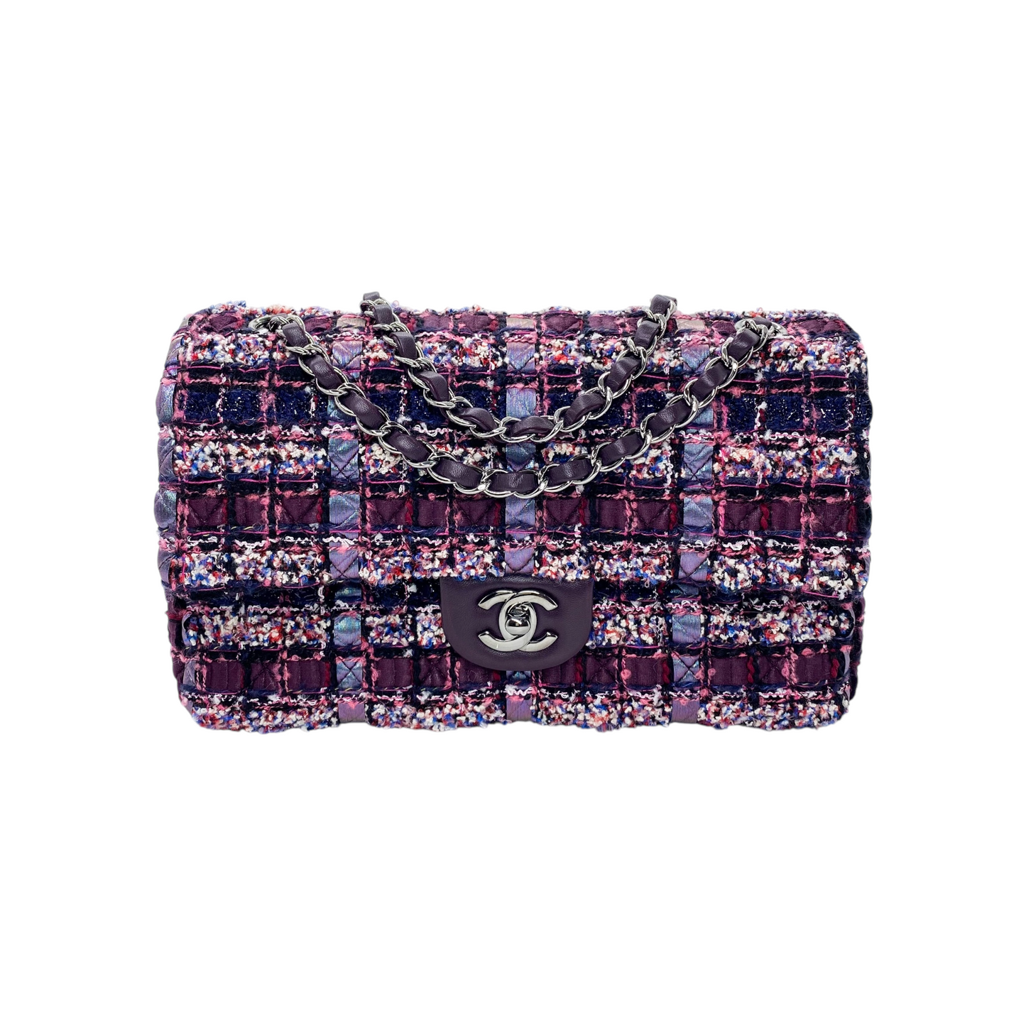 Chanel Dark Purple Tweed Medium Double Flap Bag