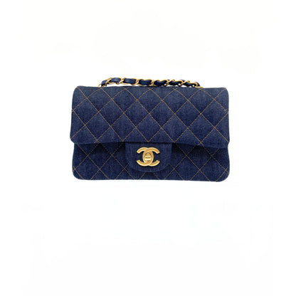 Denim Quilted Mini Rectangular Flap Dark Blue
