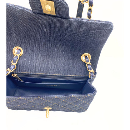 Denim Quilted Mini Rectangular Flap Dark Blue