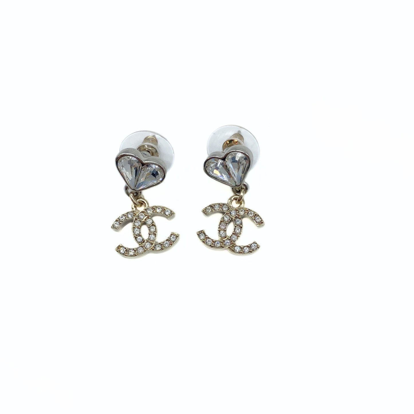 Crystal CC Heart Drop Earrings Silver/Gold