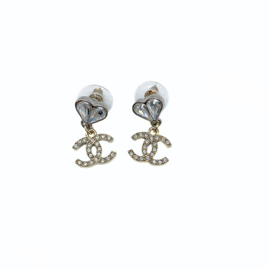 Crystal CC Heart Drop Earrings Silver/Gold