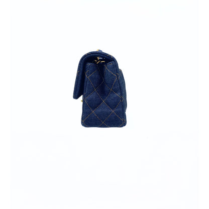 Denim Quilted Mini Rectangular Flap Dark Blue