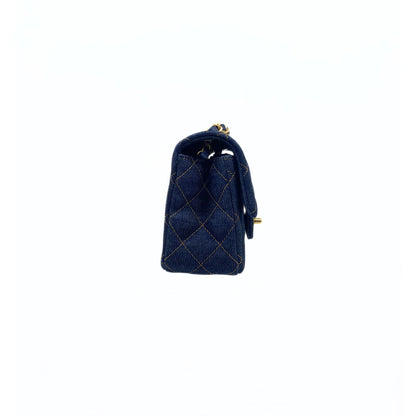 Denim Quilted Mini Rectangular Flap Dark Blue